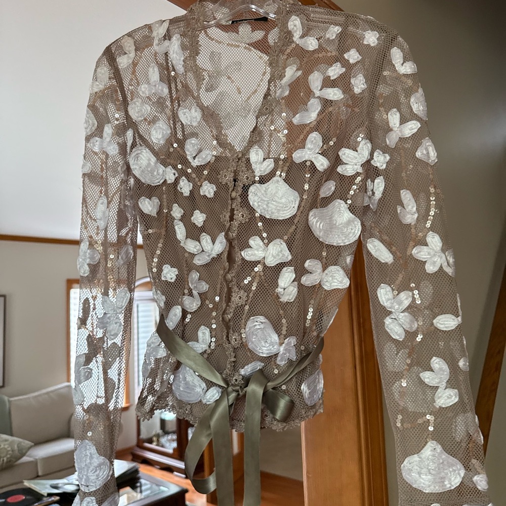 JS Boutique Lace Mesh Top with White and Brown Accents